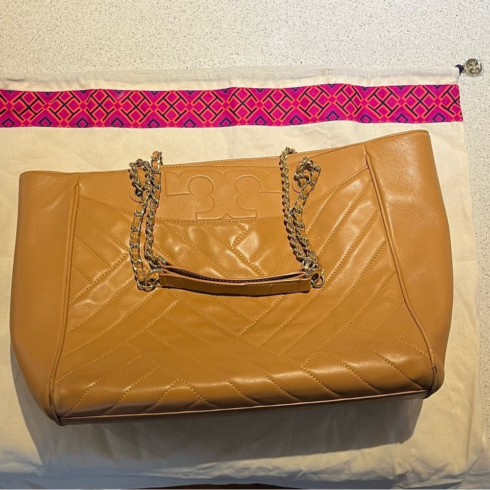 Tory Burch Chevron quilted large tan tote bag